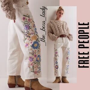 Free People Floral Embroidered White Pants